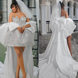 Vestido de Novia de Lujo con Cristales, Corte A, Corto, con Brillo, Estilo Africano, <span class=keywords><strong>para</strong></span> Bodas Civiles, con Chal, Personalizado - Product Image 6