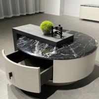 Meuble de salon moderne JS S2023, table basse ronde extensible avec tiroir, meuble TV rectangulaire en bois et marbre noir, blanc