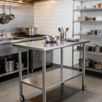 Table de travail de qualité commerciale en acier inoxydable 304 à double niveau, polie, brillante, antirouille, design moderne, avec 4 roues, capacité 300 kg/m
