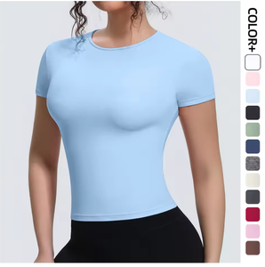 Haut de yoga sans couture à manches courtes et col rond pour femme, couleur unie, rose, en coton et élasthanne, coupe régulière - Product Image 4