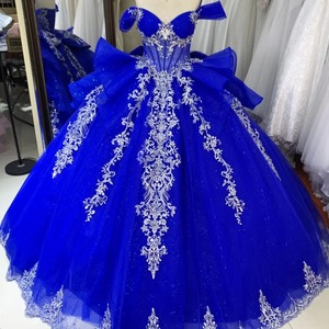 Vestido de Quinceañera de Lujo al por Mayor, Azul Rey, Bordado <span class=keywords><strong>a</strong></span> <span class=keywords><strong>Mano</strong></span>, con Hombros Descubiertos, Vestidos de Novia, Vestidos de Quinceañera Morados - Product Image 4