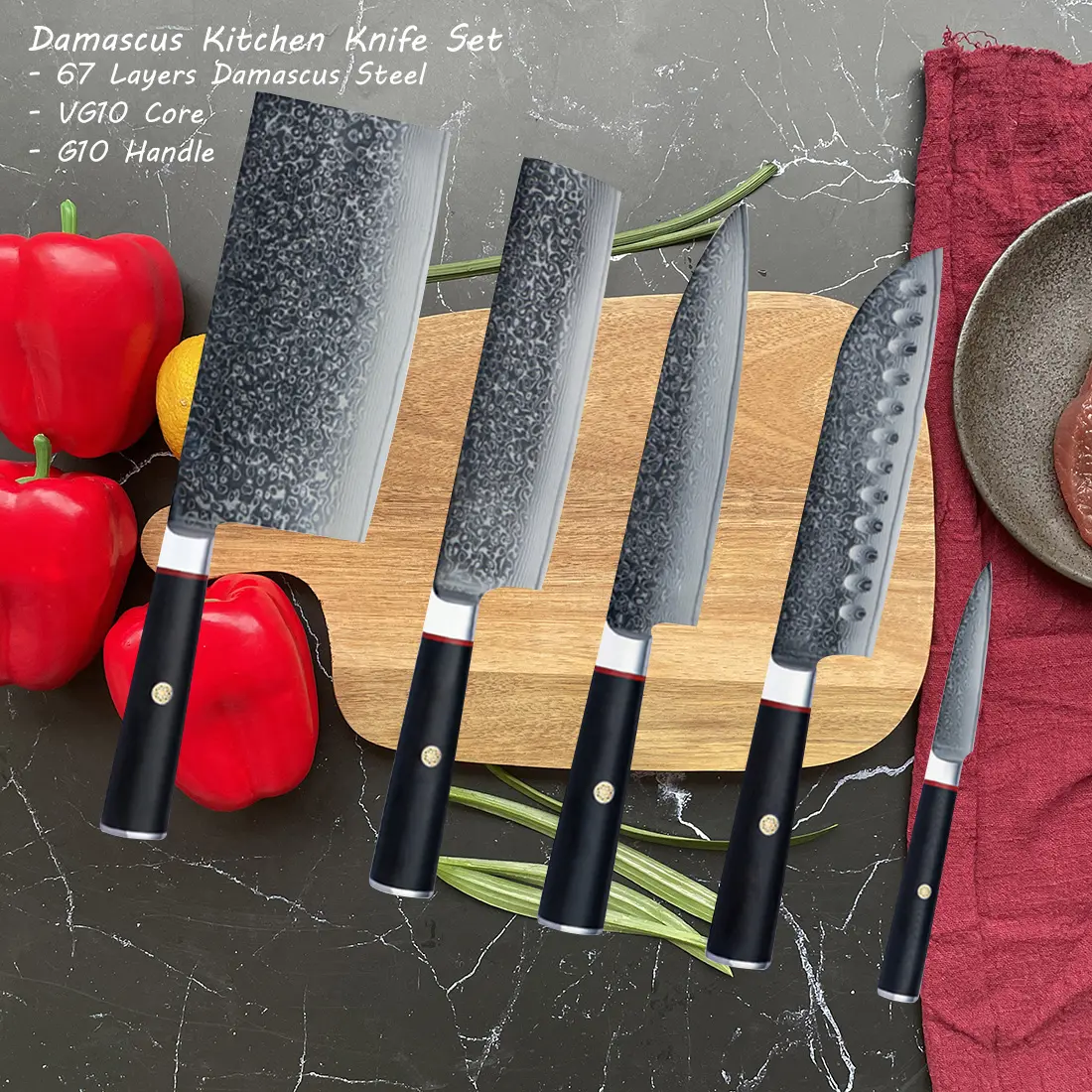 67 Schichten Damaszener Küchenmesser 5-teiliges Set VG-10 Kern-Schneidemesser Nakiri Santoku Chefkoch Scherenfaserglas G10-Griff