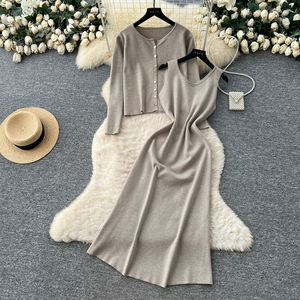 ชุดเสื้อคาร์ดิแกนถัก2ชิ้นหรูหราสำหรับผู้หญิงชุดเดรสยาวแขนกุดชุดสำนักงานลำลองฤดูใบไม้ร่วงฤดูหนาว - Product Image 1