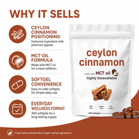 Gélules de cannelle de Ceylan avec huile MCT, 300 unités, hautement biodisponibles, sans gluten, sans OGM, marque privée OEM