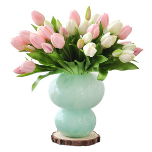Bouquet de tulipes artificielles Yoshinobu, 7 têtes, en caoutchouc souple, rose, blanc, vert, décoration de mariage et de la maison - Product Image 5