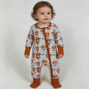 RTS Highland Cow Flowers Pelele con cremallera para bebé niña, Ropa de moda al por mayor para boutique, Ropa infantil de fábrica, Ropa occidental para niños pequeños - Product Image 2