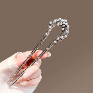 Horquilla de Pelo Metálica en Forma de U para Mujer, Estilo Chino, con Perlas y Hojas, Accesorios para Peinado - Product Image 3