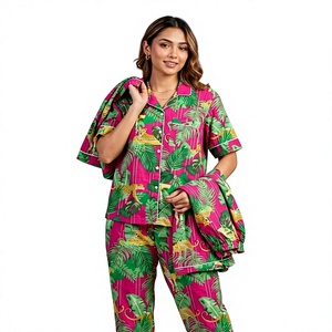 Conjunto de Pijama de Manga Corta para Mujer, Estampado Tropical, 100% Algodón, Pantalones Cortos con Cierre de Cordón, Ropa de Dormir Informal y Transpirable para Verano - Product Image 1