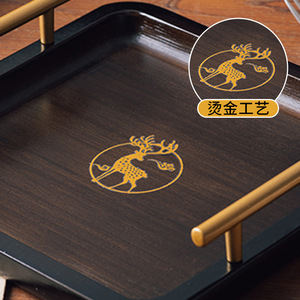 Rectangular Bamboo <b>Tea</b> <b>Tray</b> With Gold Handle Deer Pattern Hotel Restaurant Serving <b>Tray</b> - Product Image 2