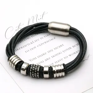 Europäischer und amerikanischer Punk-Stil farbloser Edelstahl-Perlen-Schwarzleder-Armband-Set