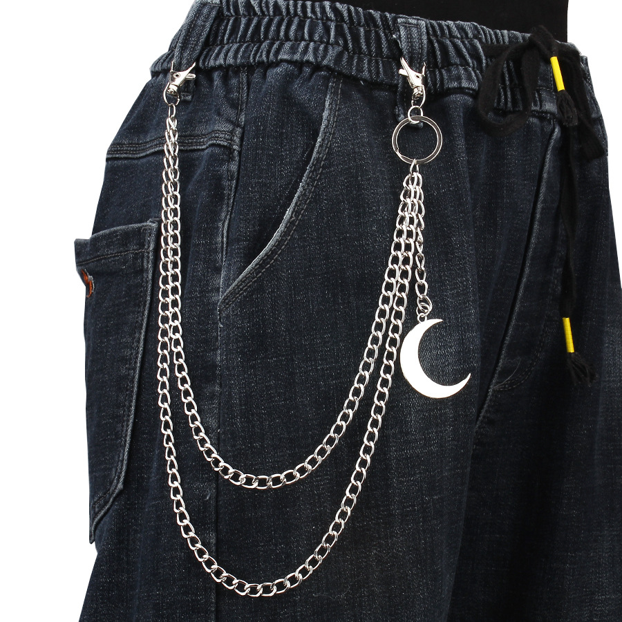 โซ่กางเกงสองชั้นพร้อมจี้พระจันทร์สีขาว K ขนาดใหญ่