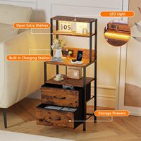 Table de chevet rustique moderne haute avec lumière LED et station de charge, 2 tiroirs, table d'appoint étroite avec étagères ouvertes pour chambre/bureau