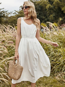 Abbigliamento all'ingrosso in lino di alta qualità senza maniche O collo adatto e <span class=keywords><strong>svasato</strong></span> bianco colore bianco delle donne <span class=keywords><strong>cotone</strong></span> <span class=keywords><strong>abito</strong></span> di lino - Product Image 6