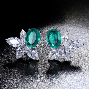 Dainty Fashion Jewelry Eco-friendly Copper Oval Cut 6*8mm <b>Blue</b> Zircon Statement <b>Blue</b> Stone Floral <b>Stud</b> <b>Earrings</b> for Women - Product Image 4