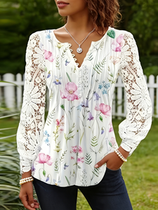 Chemisier à manches longues en dentelle à imprimé floral pour femme, taille plus - Haut Henley à col en V avec bord festonné pour un style décontracté et les vacances - Product Image 3