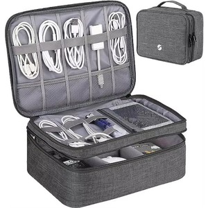 BSCI Factory Large Capacity Cable Storage Bag for <b>Cords</b>, Chargers, Phone, <b>Black</b> with Shoulder Strap - Product Image 5