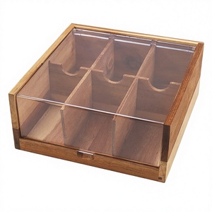 Caja de Almacenamiento de Bolsitas de Café y Té de Madera Maciza Rectangular con 6 Compartimentos, Diseño Clásico, Tapa de Aluminio, Acrílico Transparente, Apta para Alimentos - Product Image 3
