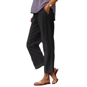 Nouveau pantalon décontracté droit pour femme en coton et lin, taille élastique régulière, teint uni, style simple et tendance pour l'automne - Product Image 2
