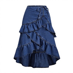 Jupe longue asymétrique en jean à volants pour femme, décontractée, couleur unie, coupe ample, respirante, en coton délavé, taille haute, automne - Product Image 2