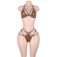 Ensemble de lingerie deux pièces en cuir brillant effet mouillé avec boucle de ceinture, style bikini, pour femmes, tenue de clubbing, de serveuse de bouteilles ou de soirée en boîte de nuit