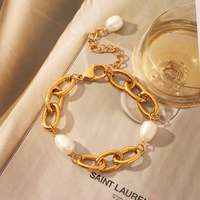Pulsera de Cadena Gruesa de Acero Inoxidable con Baño de Oro de 18K y Perlas de Agua Dulce, Joyería de Lujo para Mujer