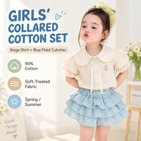 Ensemble de vêtements pour petites filles, chemise beige, culotte à carreaux bleue, manches bouffantes en coton, vêtements de printemps et d'été pour enfants
