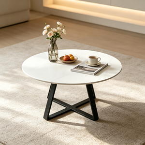 Table basse moderne ronde en pierre frittée, plateau aspect marbre blanc, pieds en métal noir, table centrale pour salon, mobilier d'hôtel - Product Image 6