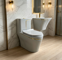Ensemble WC monobloc en céramique de luxe moderne avec garniture dorée, chasse d'eau double, siège chauffant et lavabo assorti