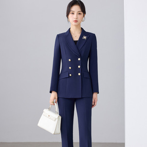 Women's Navy Blue Suit <b>Set</b> Double Breasted <b>Blazer</b> Pants Office Lady Formal Work Attire Autumn Anti-Wrinkle Polyester Full Sleeve - Product Image 3