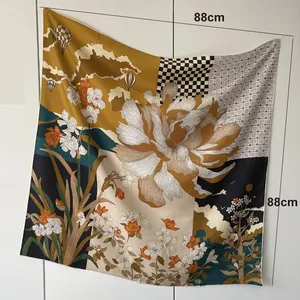 ผ้าพันคอฮิญาบสำหรับผู้หญิงผ้าพันคอทรงสี่เหลี่ยมพิมพ์ลายดอกไม้ผ้าไหมแท้14มม.