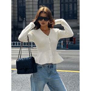 เสื้อคาร์ดิแกนคอวีแต่งระบายสีเบจ S(66) เสื้อผ้าลำลองสำหรับผู้หญิง - Product Image 3