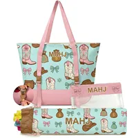 Ensemble de trois pièces Mahjong style western en denim floral, sacs de rangement pliables et écologiques de grande capacité pour maquillage et articles de toilette
