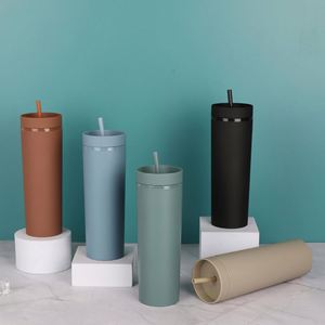 Morandi Color 16oz Plastic Tumbler with Straw Double Layer <b>Rubber</b> <b>Paint</b> Portable Drinking Cup Ready to Ship - Product Image 2