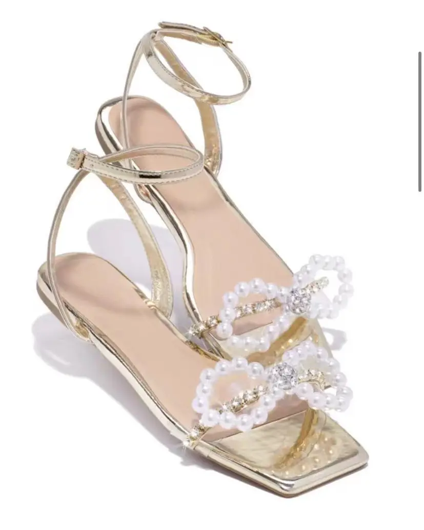 A401184 New 2022 Ladies Rhinestone Pearl Sandals Ankle Strap Dress Bridal Wedding Flip Flops Women Slide Sandal