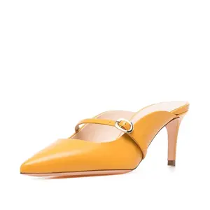 Zapatos de tacón alto negros para mujer, zapatos de tacón puntiagudos para mujer, zapatillas de tacón de cuero PU amarillo de talla grande, zapatos de vestir, toboganes Strppy