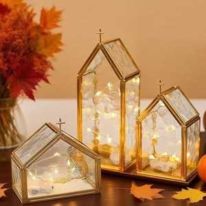 LANJO Gold Metal & Textured Glass House-Shaped Candle Holders for Elegant Home Decor Brass Metal <b>Lanterns</b> <b>Set</b> Of 3 - Product Image 6