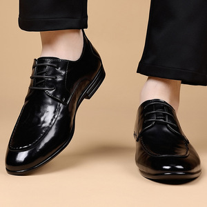 Chaussures habillées en cuir à bout pointu pour hommes, noires, à lacets, décontractées, pour affaires et mariages, épaisseur standard, couleur unie, lacets avant - Product Image 3