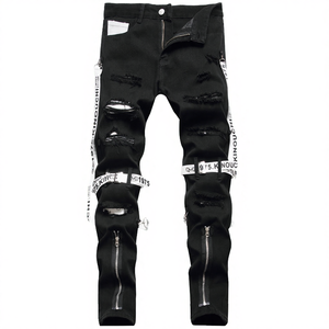 Pantalones vaqueros bootcut negros para hombre, de mezclilla transpirable de peso medio, con tirantes, estilo urbano, tejido sólido, ropa casual de calle, venta al por mayor - Product Image 4