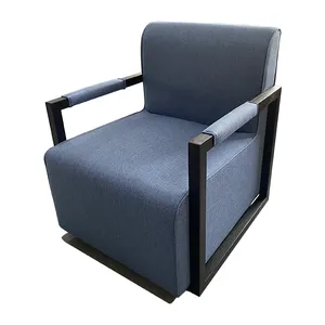 Sedia da divano singola blu cuscino da braccio in legno massello sedia da soggiorno quadrata in pelle con schienale medio