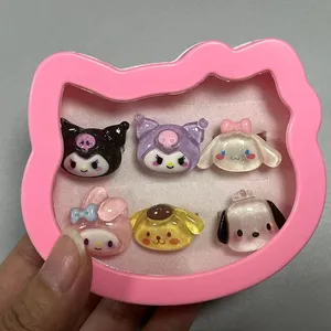 Y2k cincin Sanrio Anime lucu dengan hati cinta merah muda kotak Kitty gelang terbuka dapat disesuaikan cincin kartun hadiah anak-anak perempuan cincin