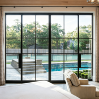 Portes françaises en aluminium à grille architecturale personnalisée, double vitrage, système de portes battantes pour patio, projet de villa de luxe avec piscine