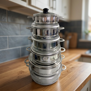 Ensemble de 6 casseroles vapeur modernes en acier inoxydable Anax avec couvercles empilables pour la préparation des aliments en cuisine de restaurant - Product Image 3