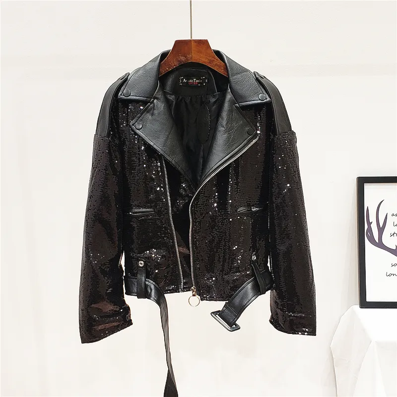 YIZHIQIU Cool Sequin Black Leather Jacket For Woman Genuine