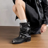 Bottes de motard vintage noires en similicuir pour femme, à bout rond, avec bride à boucle, mi-mollet, style décontracté, faible MOQ, ODM
