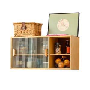 Wall Mounted Storage <b>Cabinet</b> Solid Wood Bamboo 2 Compartments Slab Door Scandinavian Style Living Room Furniture - Product Image 5