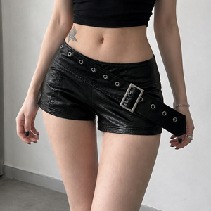 Pantalones de cuero ajustados de moda oscura con diseño de cinturón asimétrico y detalles elaborados, estilo Hot Girl, para baile, de corte ajustado, Hot Pants - Product Image 1