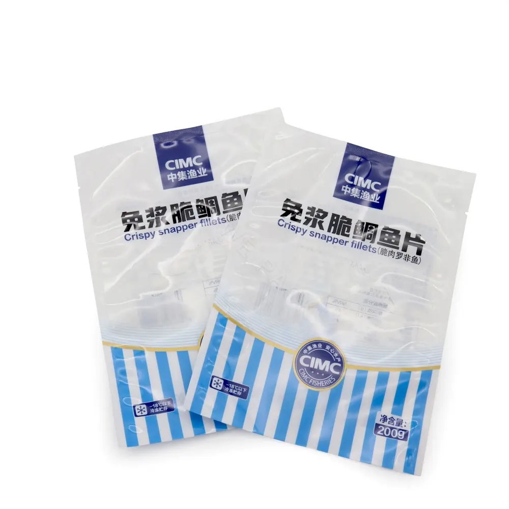 कस्टम लोगो मुद्रित सील करने योग्य पाउच जमे हुए खाद्य ग्रेड पैकेजिंग डाई-कट विंडो के साथ तीन तरफ सील प्लास्टिक बैग