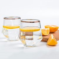Verres à vin sans pied en plastique recyclé PET 12oz, incassables, jetables, sans BPA, avec bordure dorée en forme d'œuf et motif diamant, pour fêtes