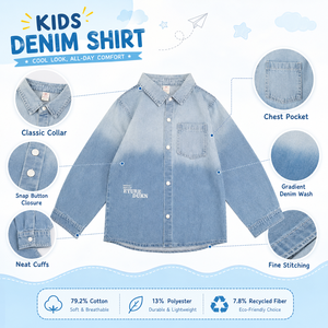 Chemise en jean dégradé pour garçons MZJ, 79,2 % coton mélangé, manches longues, décontractée, boutonnée, respirante, douce, 120-155 cm - Product Image 4