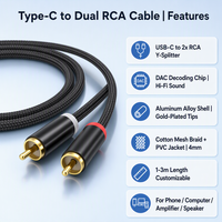 Câble audio Type-C vers double RCA mâle 1-vers-2, pour téléphone et PC vers amplificateur, mixeur, haut-parleur actif, longueur personnalisable